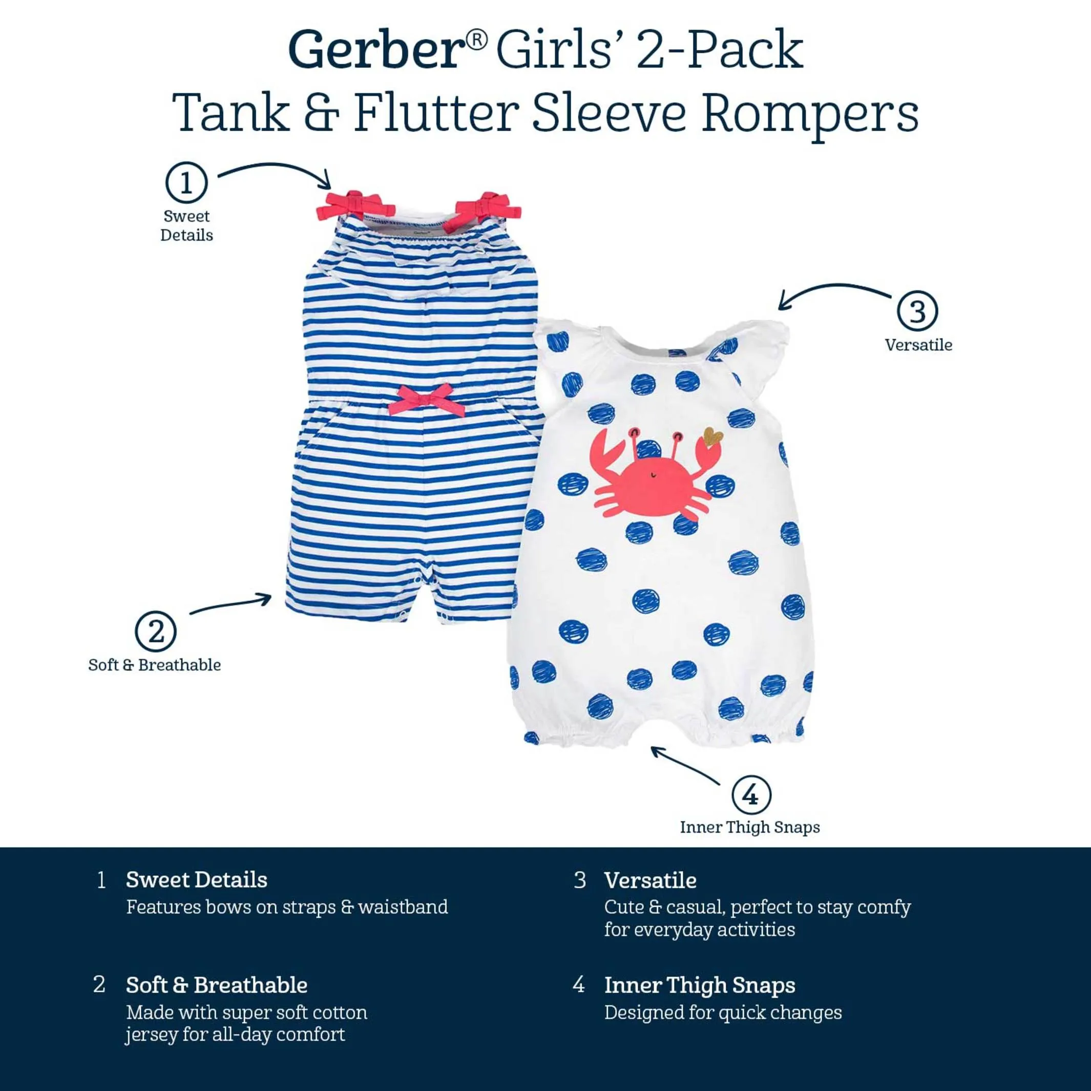 2-Pack Baby Girls Crab Rompers