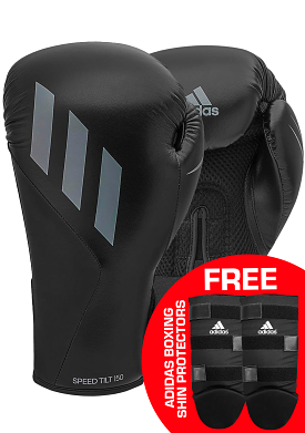 Adidas Speed Tilt 150 Boxing Gloves Black with FREE Adidas Shin Protectors <br> SPD150TG-BBG BLACK