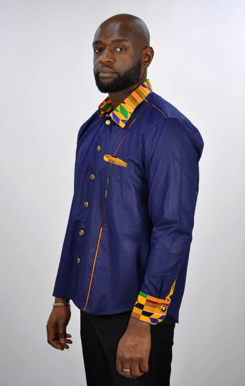 Afram Kente Fusion Blue Smart Shirt - African Clothing Store | JT Aphrique