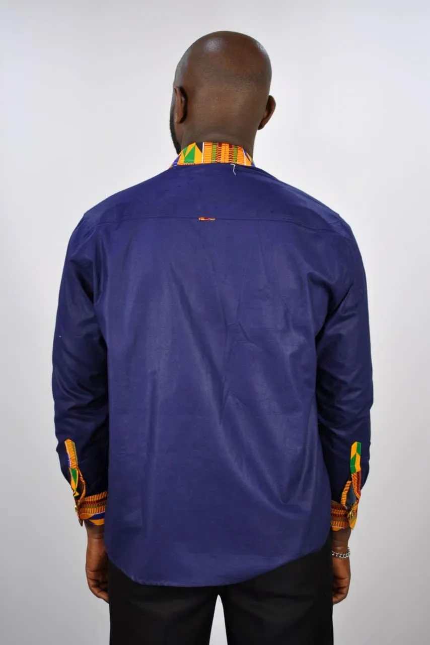 Afram Kente Fusion Blue Smart Shirt - African Clothing Store | JT Aphrique