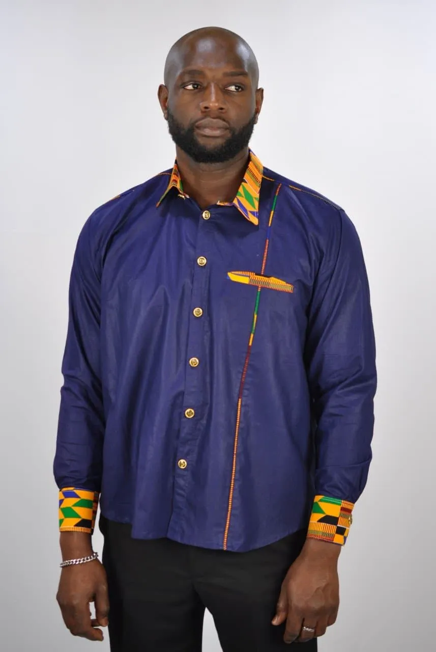 Afram Kente Fusion Blue Smart Shirt - African Clothing Store | JT Aphrique