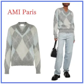 AMI PARIS  |Argile Casual Style Unisex Wool V-Neck Long Sleeves