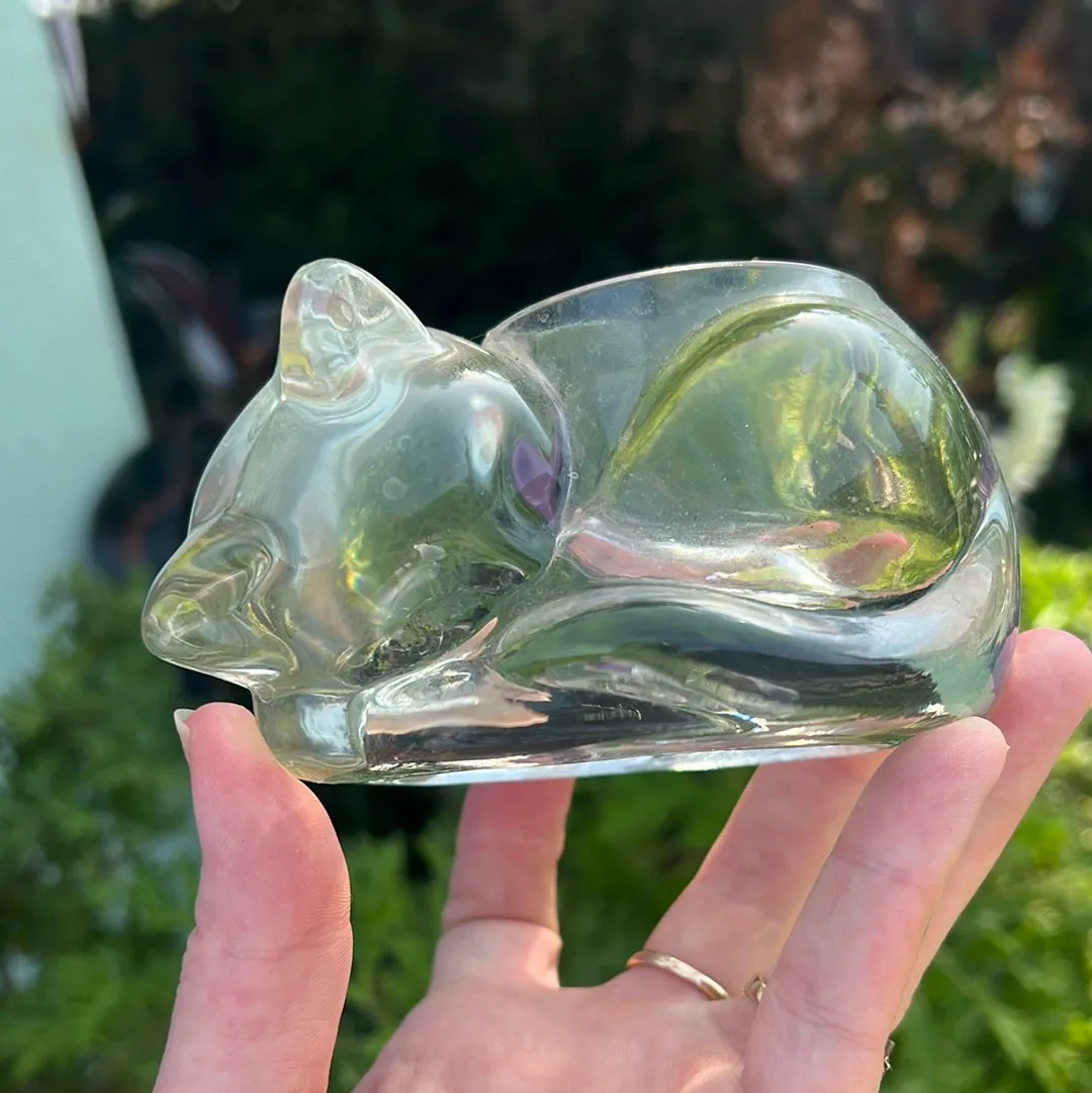 Avon glass sleeping kitty candle holder