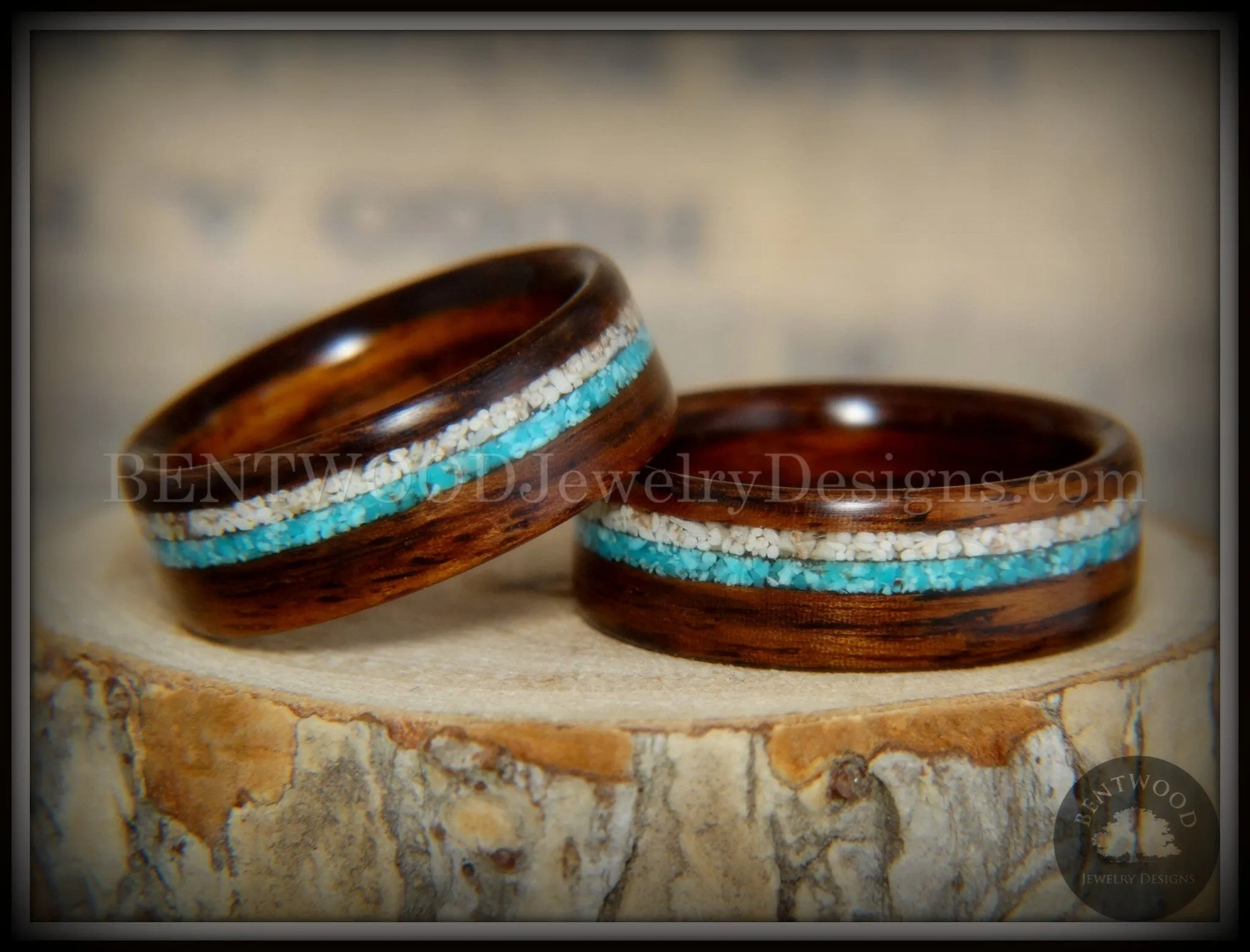 Bentwood Rings Set - Rosewood Wood Ring with Sleeping Beauty Turquoise and Beach Sand Inlay