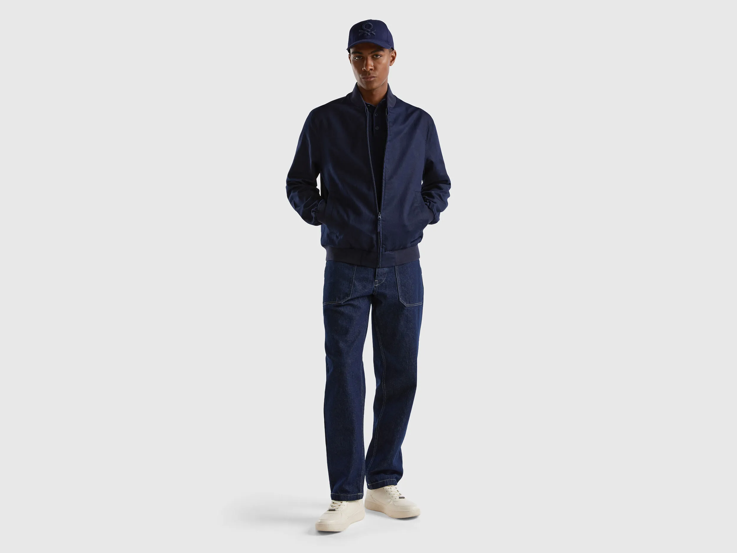 Bomber in linen blend - Dark Blue | Benetton