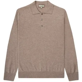 Canali Merino Wool Knitted Long Sleeve Polo Taupe