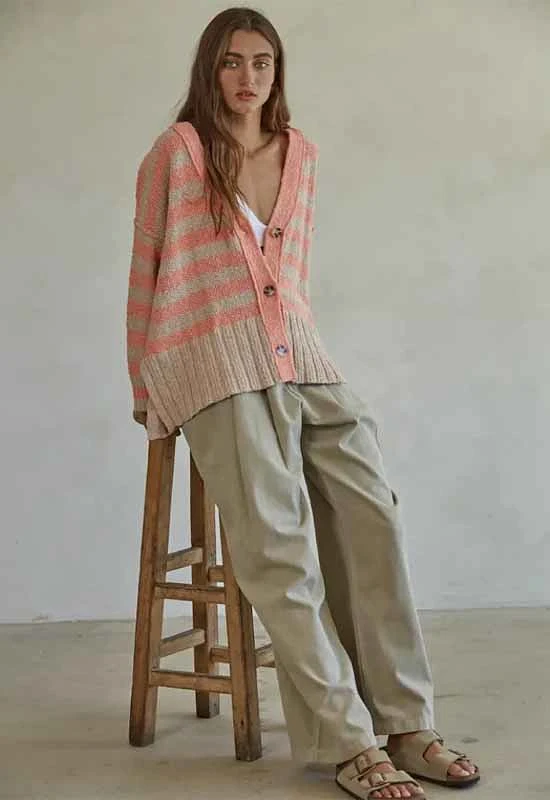 Candy Cloudy Striped Cardi - Taupe Coral