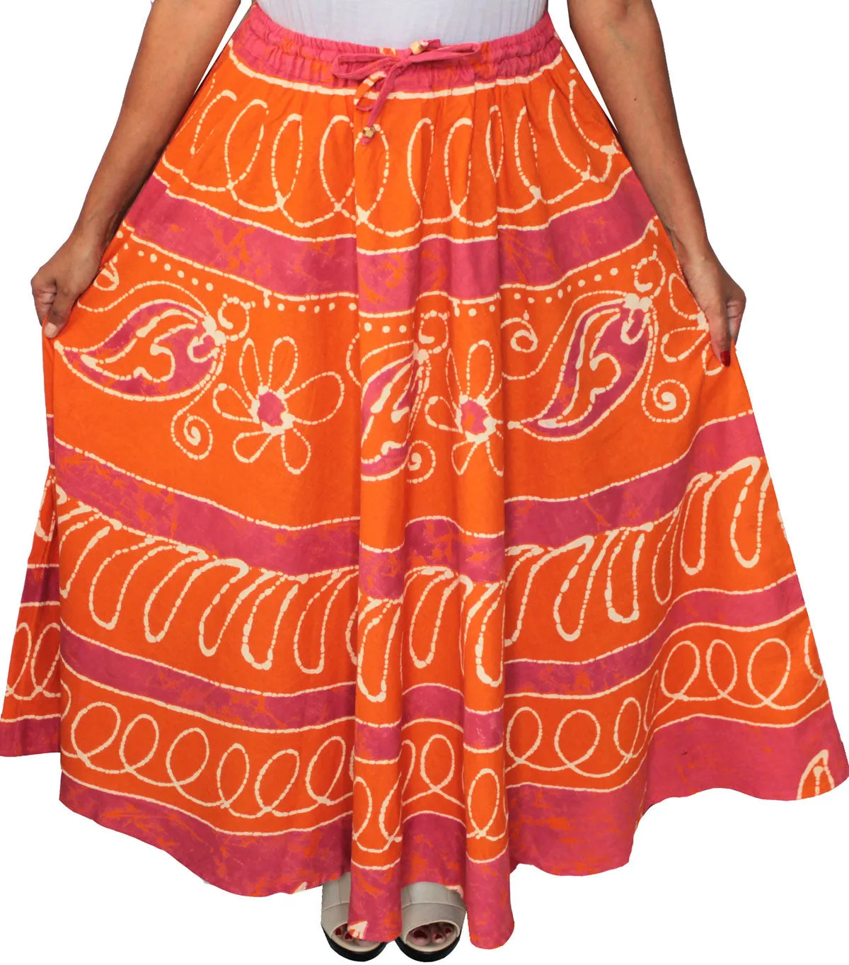 Cotton Batik Printed Womens Long Skirt India Clothing (Orange)