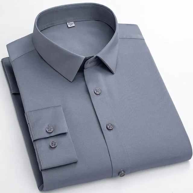 Dark Grey Free Stretchy Pocketless Business Long Sleeve Shirts for Men