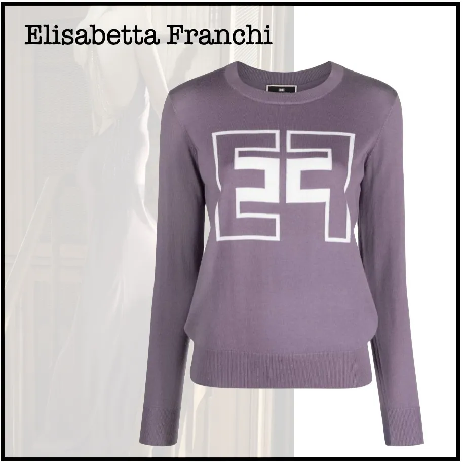 ELISABETTA FRANCHI  |Casual Style Wool U-Neck Long Sleeves Logo