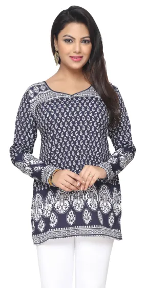 India Short Kurti Women's Kurta Printed Indian Clothing (Blue)