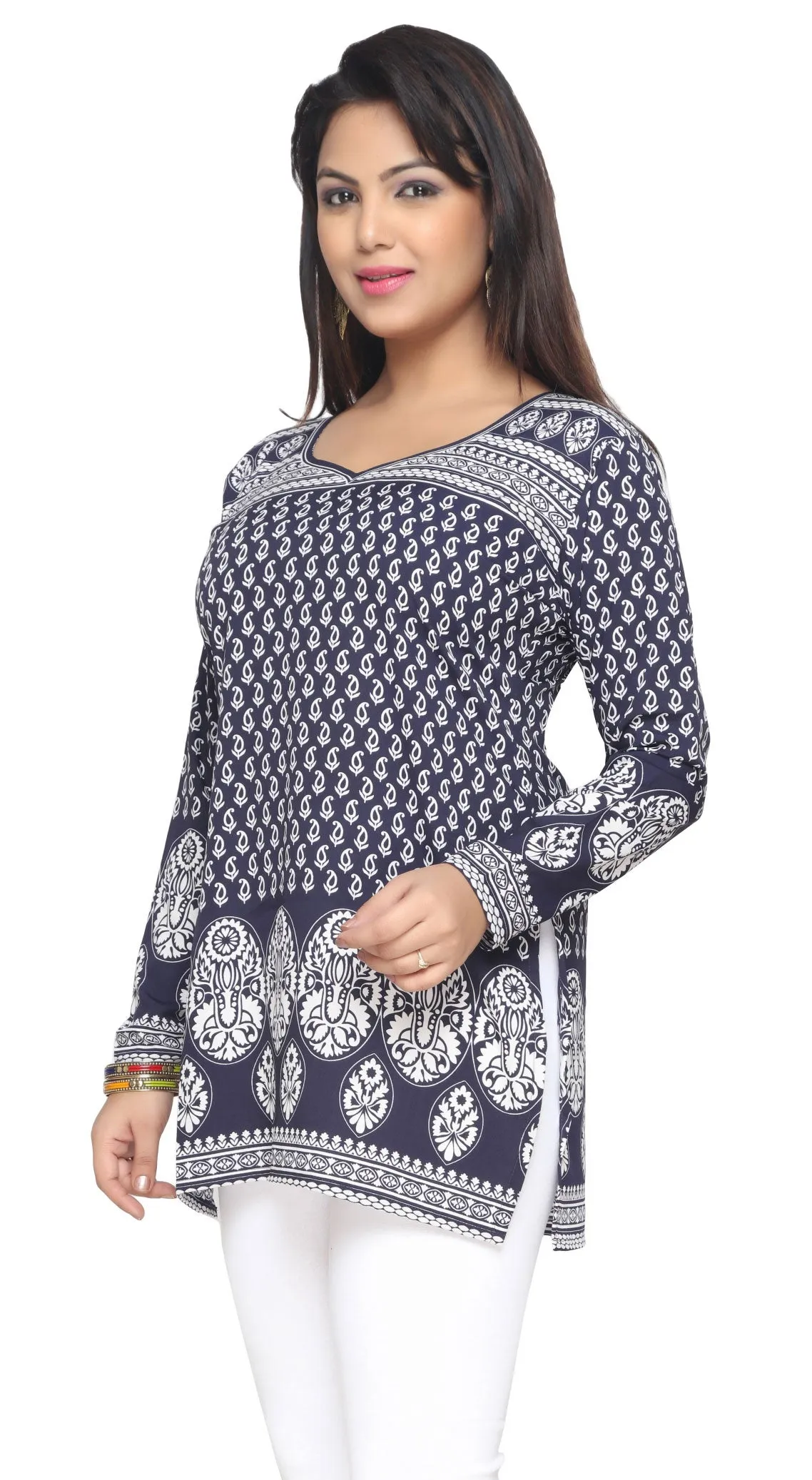 India Short Kurti Women's Kurta Printed Indian Clothing (Blue)