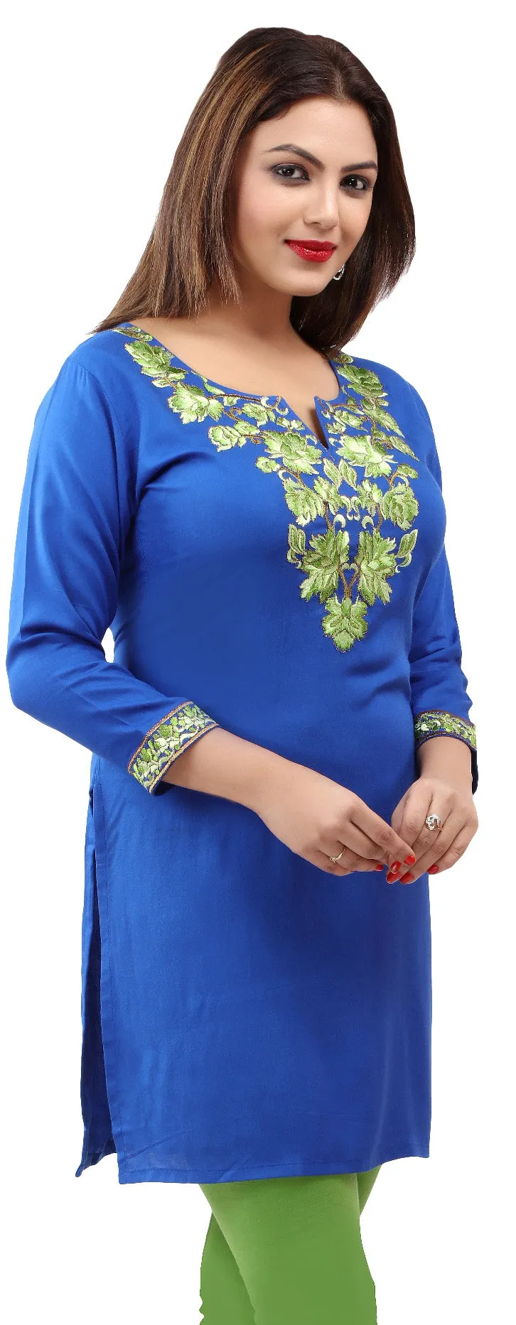 India Women's Tunic Top Kurti Embroidered Indian Clothing (Blue)