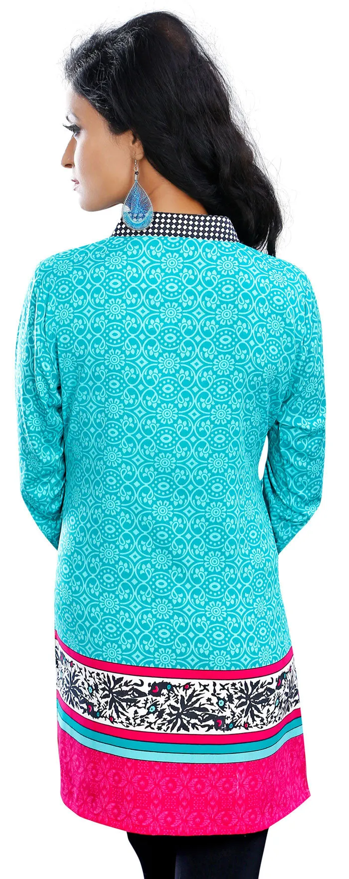 Kurti Top Long Tunic Womens Printed Blouse India Clothing (Turquoise)