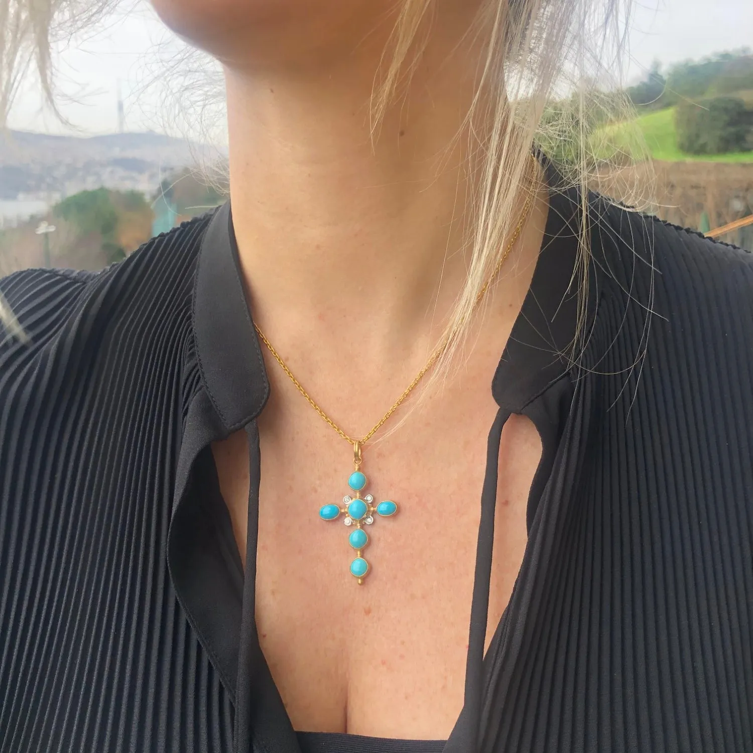 Lika Behar 22k Gold Sloane Sleeping Beauty Turquoise Cross Pendant Necklace