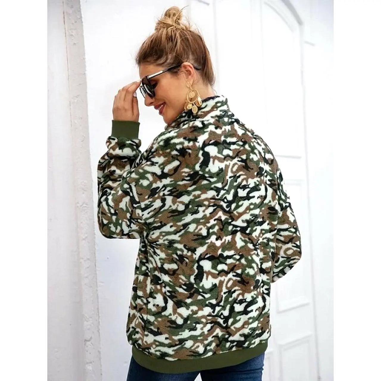 Long sleeve camo kangaroo pocket sweatshirt