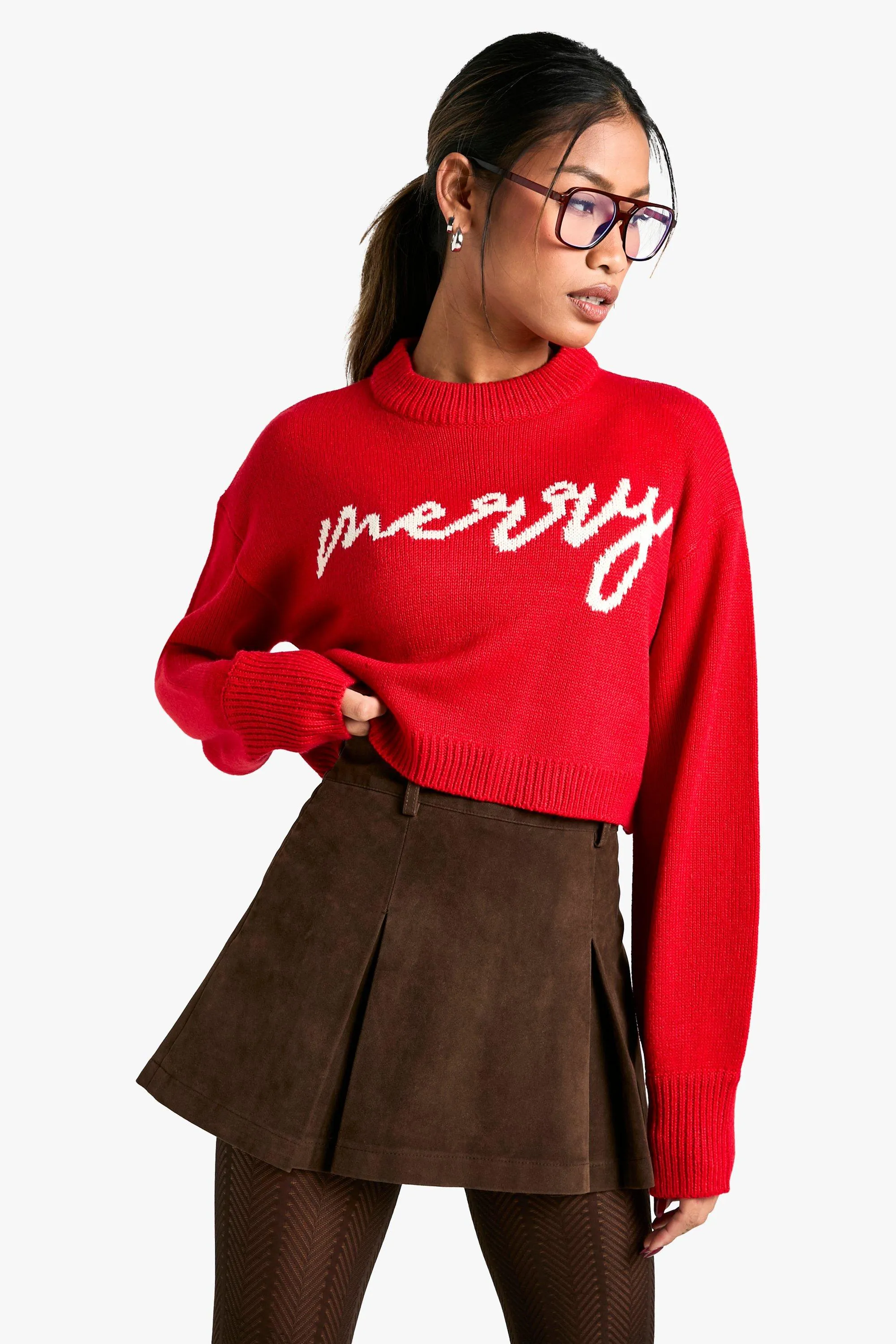 Merry Slogan Cropped Christmas Sweater