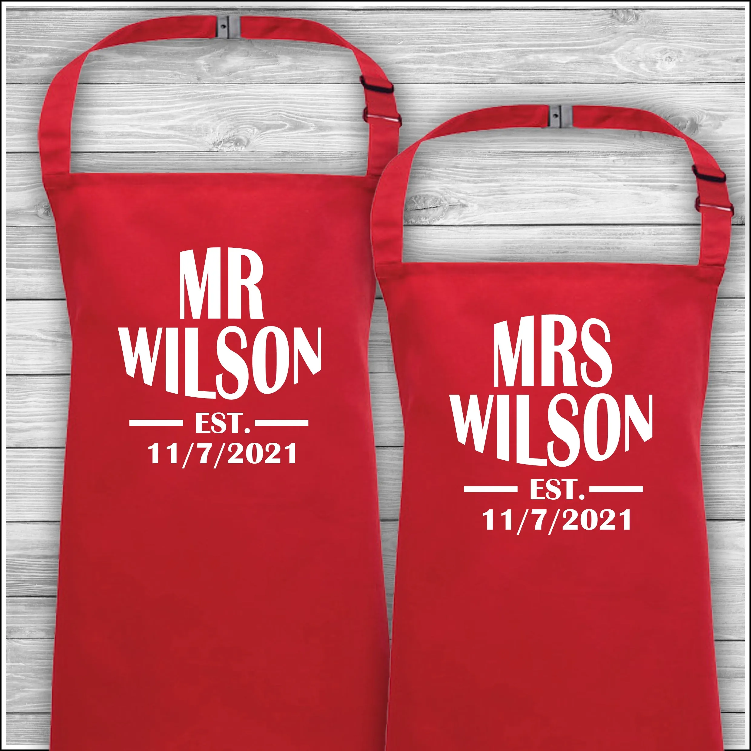 Mr & Mrs Surname Est | Matching Family Aprons | Personalised Cooking Aprons