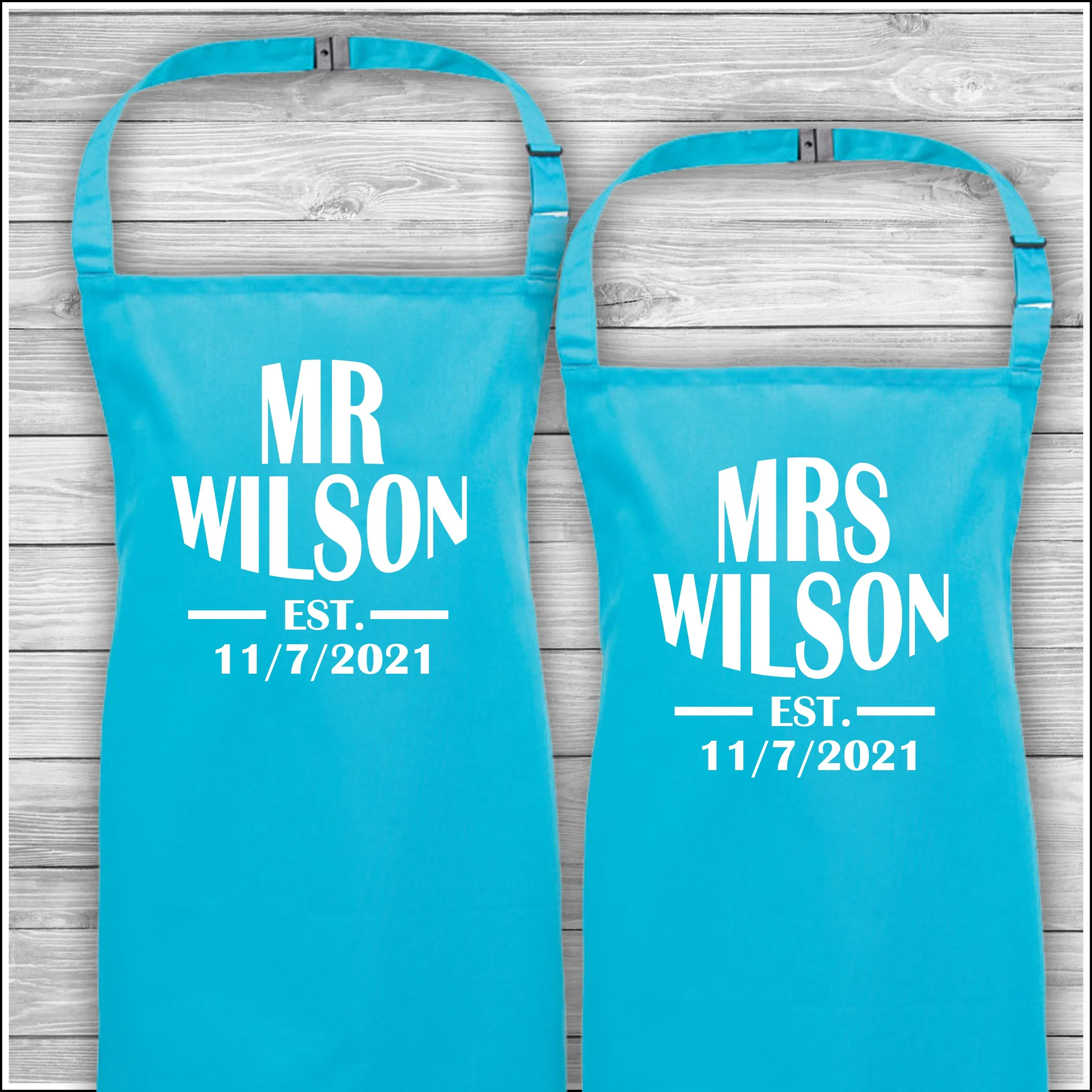 Mr & Mrs Surname Est | Matching Family Aprons | Personalised Cooking Aprons