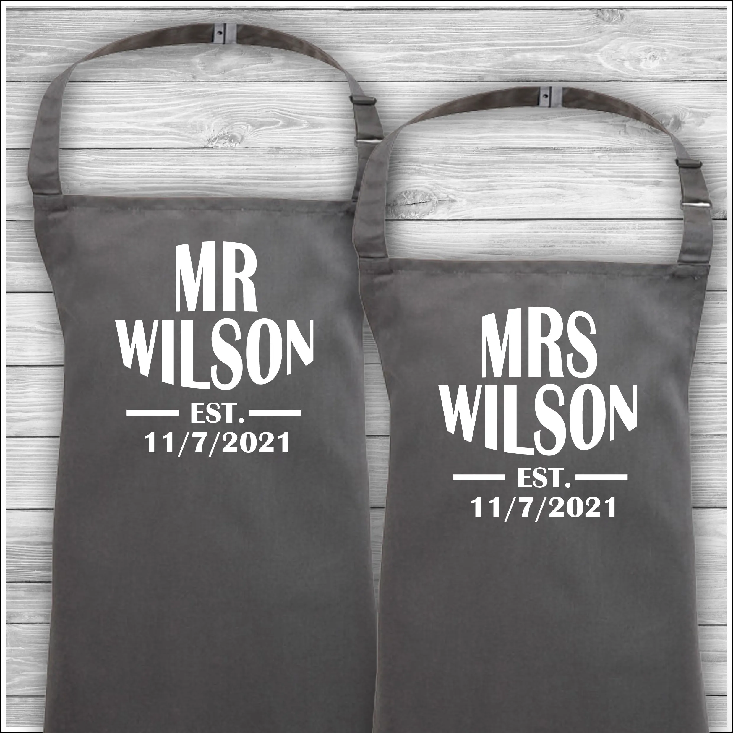 Mr & Mrs Surname Est | Matching Family Aprons | Personalised Cooking Aprons