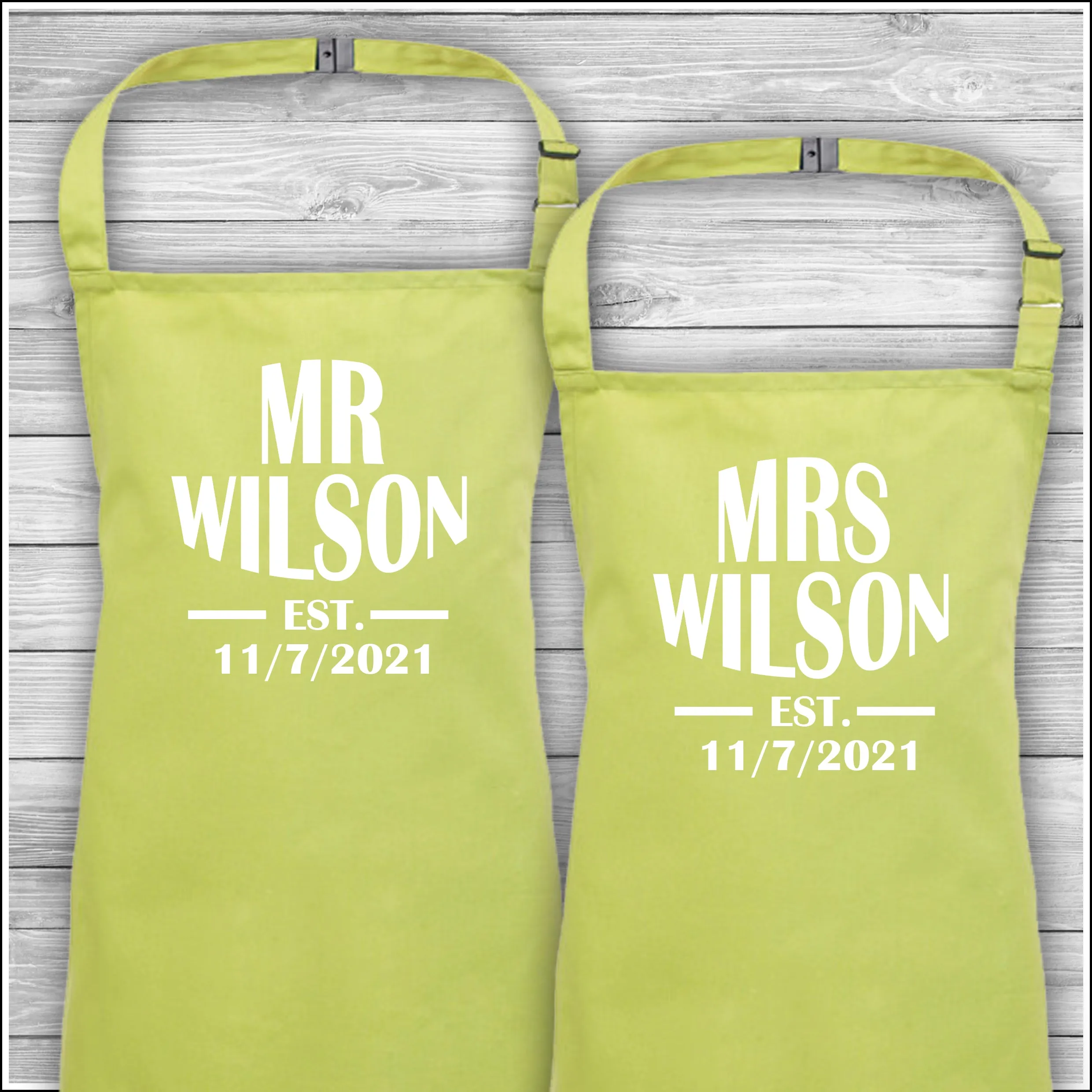 Mr & Mrs Surname Est | Matching Family Aprons | Personalised Cooking Aprons