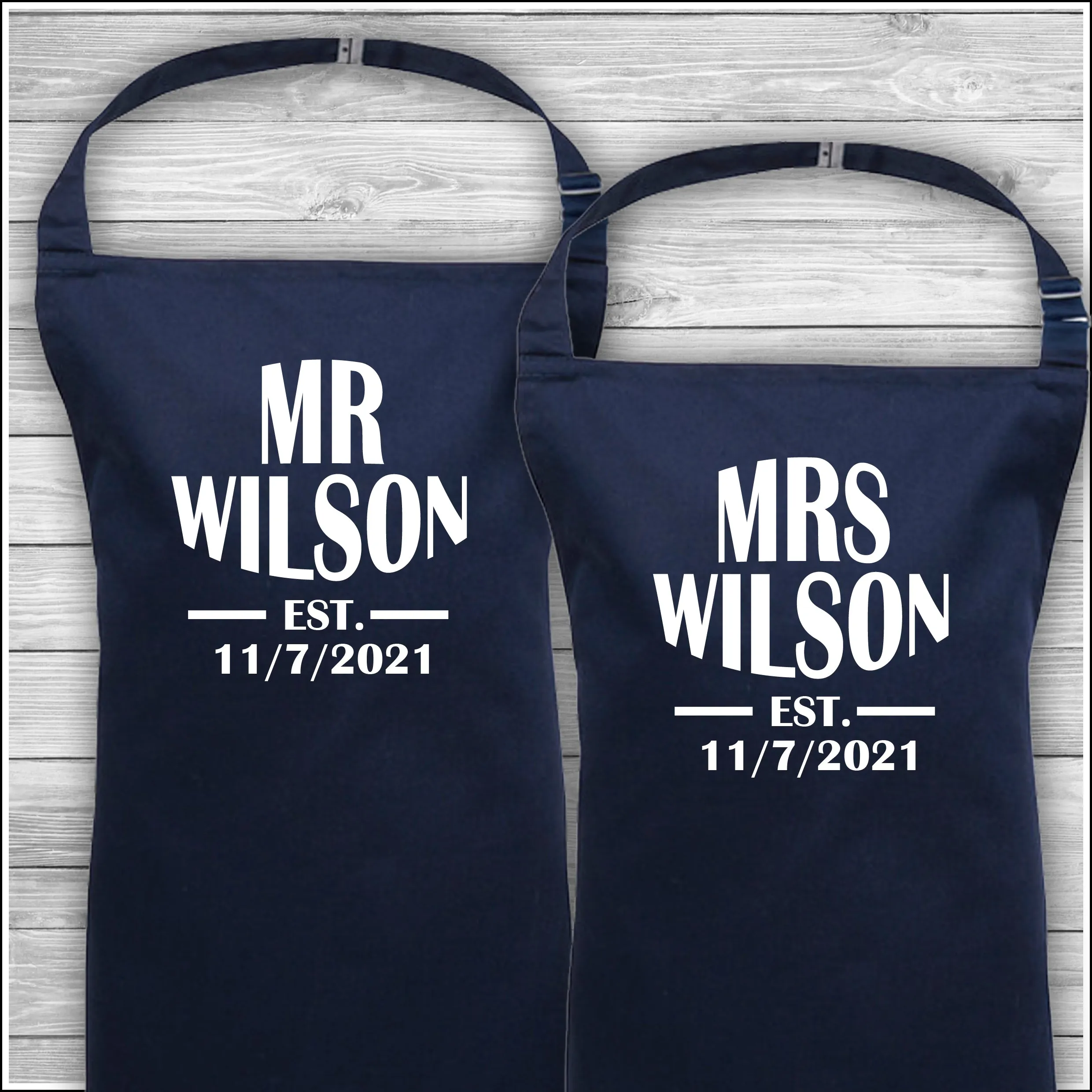 Mr & Mrs Surname Est | Matching Family Aprons | Personalised Cooking Aprons