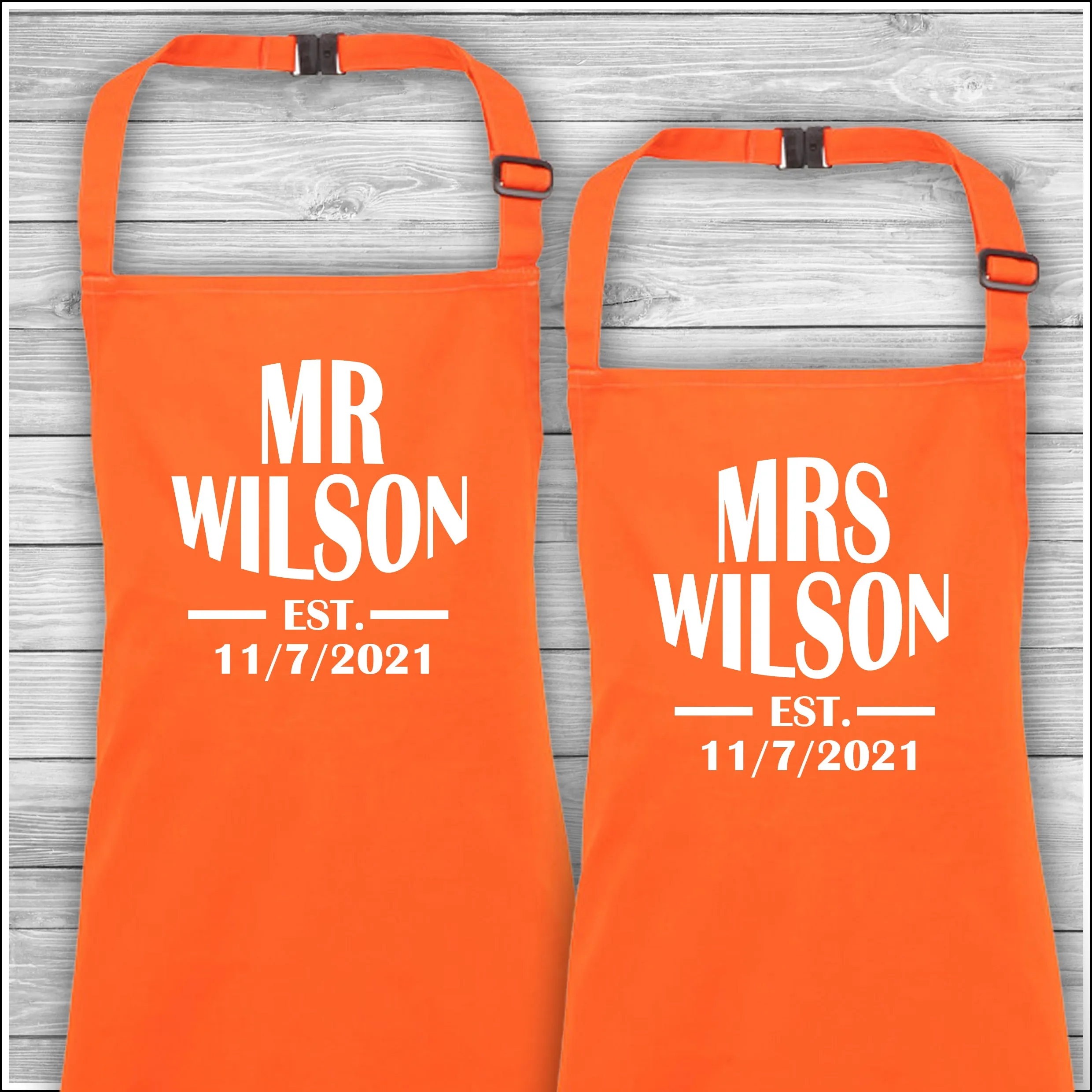 Mr & Mrs Surname Est | Matching Family Aprons | Personalised Cooking Aprons