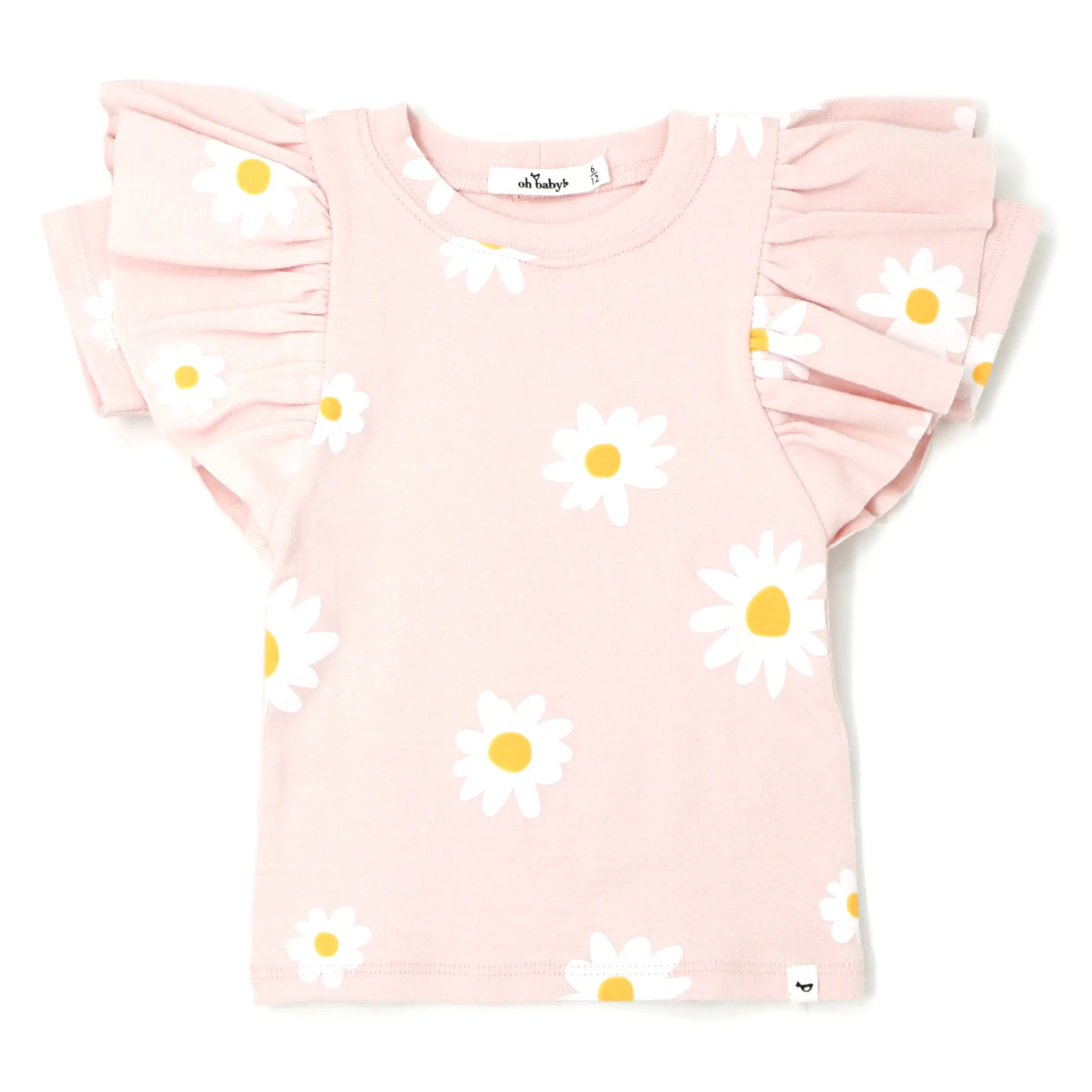 oh baby! Butterfly Sleeve Short Sleeve Tee - White Daisies - Pale Pink