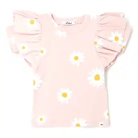 oh baby! Butterfly Sleeve Short Sleeve Tee - White Daisies - Pale Pink