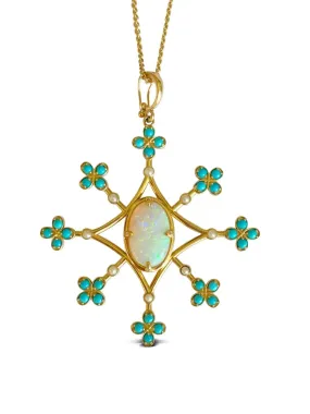 One-of-a-Kind Opal pendant necklace with seed pearls and sleeping beauty turquoise