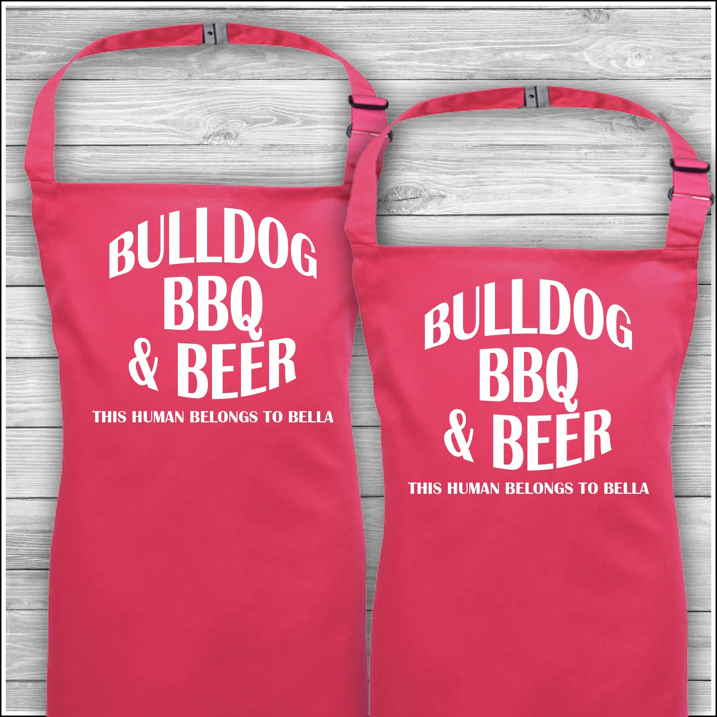 Personalised Cooking Aprons | Bulldog BBQ & Beer | This Human Belongs To Bella | Father's Day Gift | Matching Family Aprons