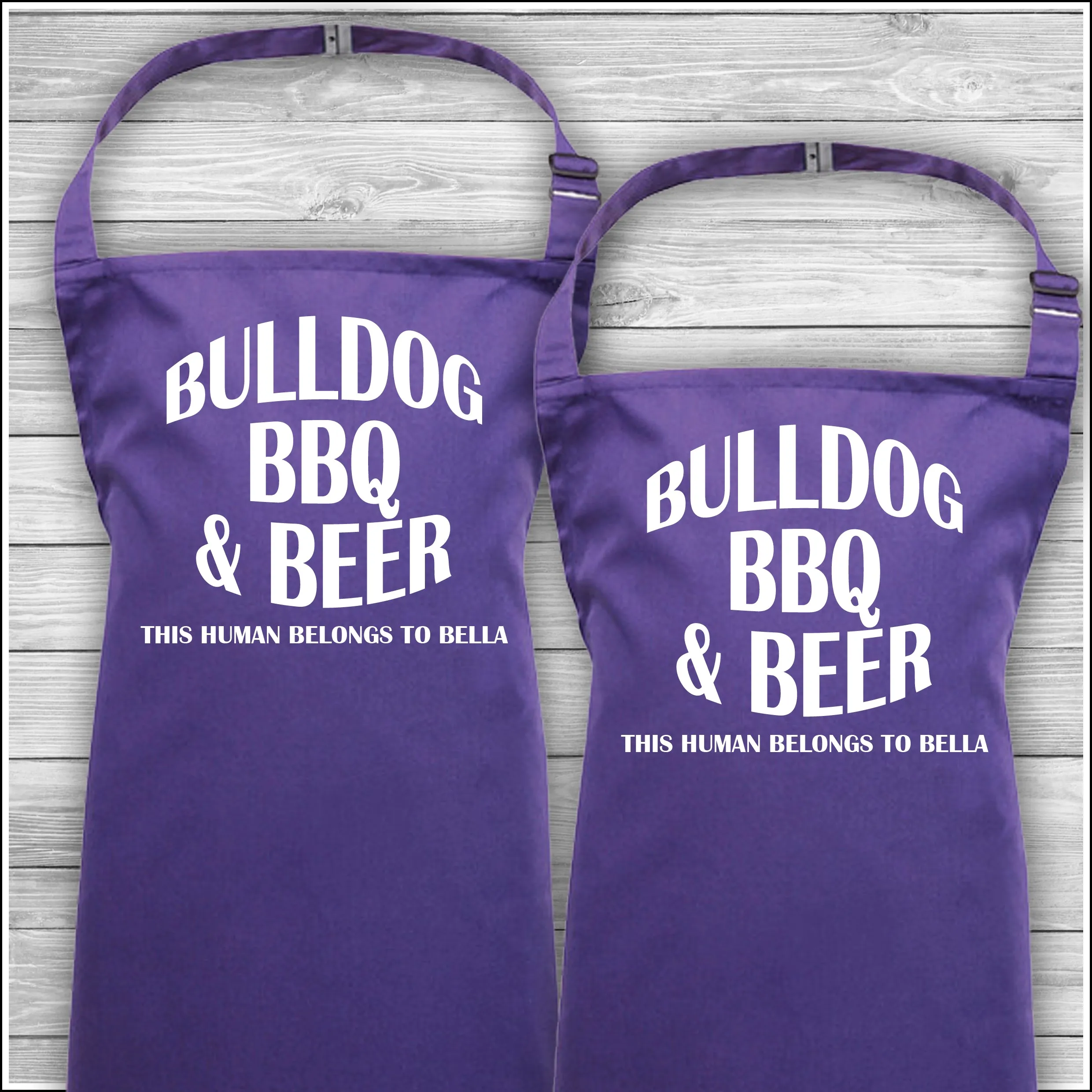 Personalised Cooking Aprons | Bulldog BBQ & Beer | This Human Belongs To Bella | Father's Day Gift | Matching Family Aprons