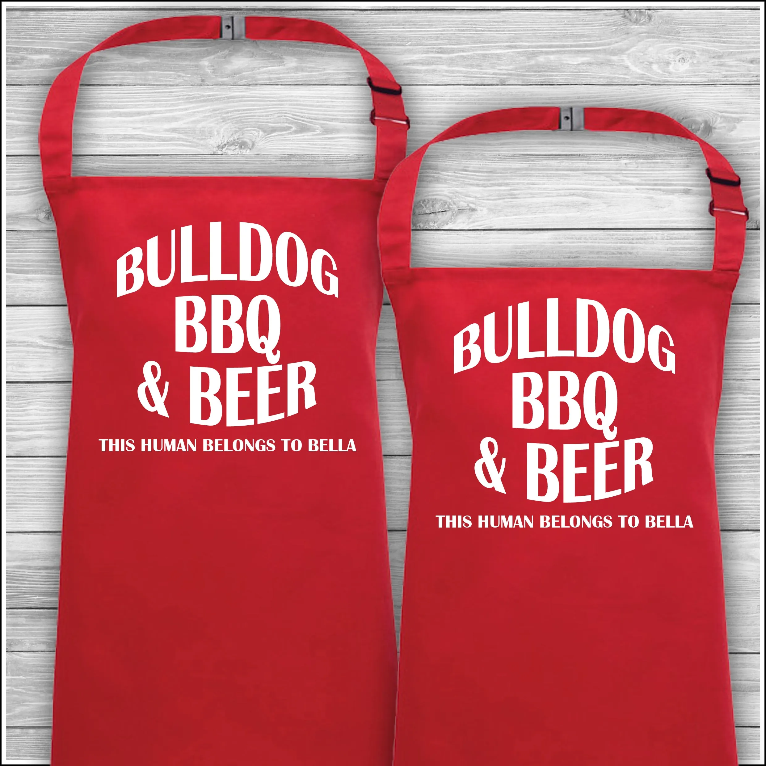 Personalised Cooking Aprons | Bulldog BBQ & Beer | This Human Belongs To Bella | Father's Day Gift | Matching Family Aprons