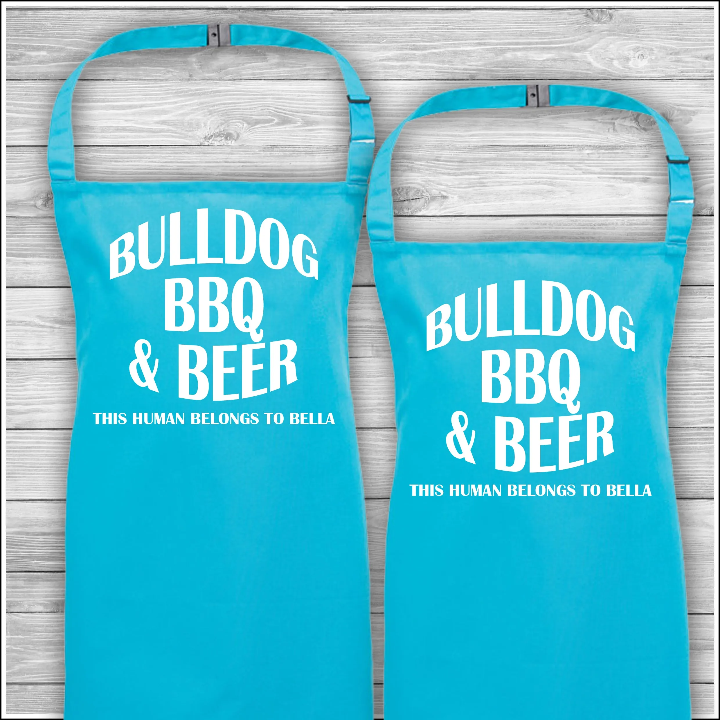 Personalised Cooking Aprons | Bulldog BBQ & Beer | This Human Belongs To Bella | Father's Day Gift | Matching Family Aprons