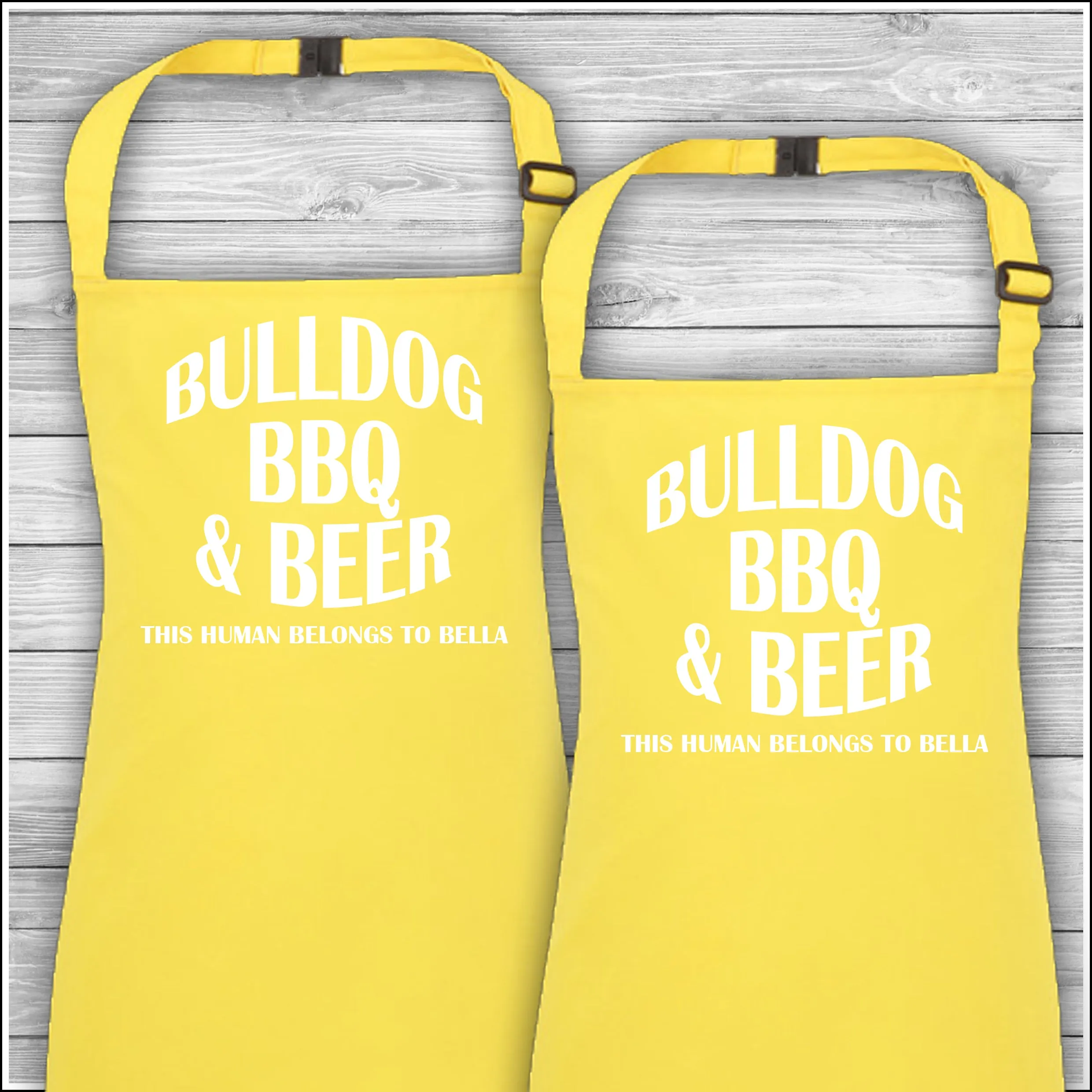 Personalised Cooking Aprons | Bulldog BBQ & Beer | This Human Belongs To Bella | Father's Day Gift | Matching Family Aprons