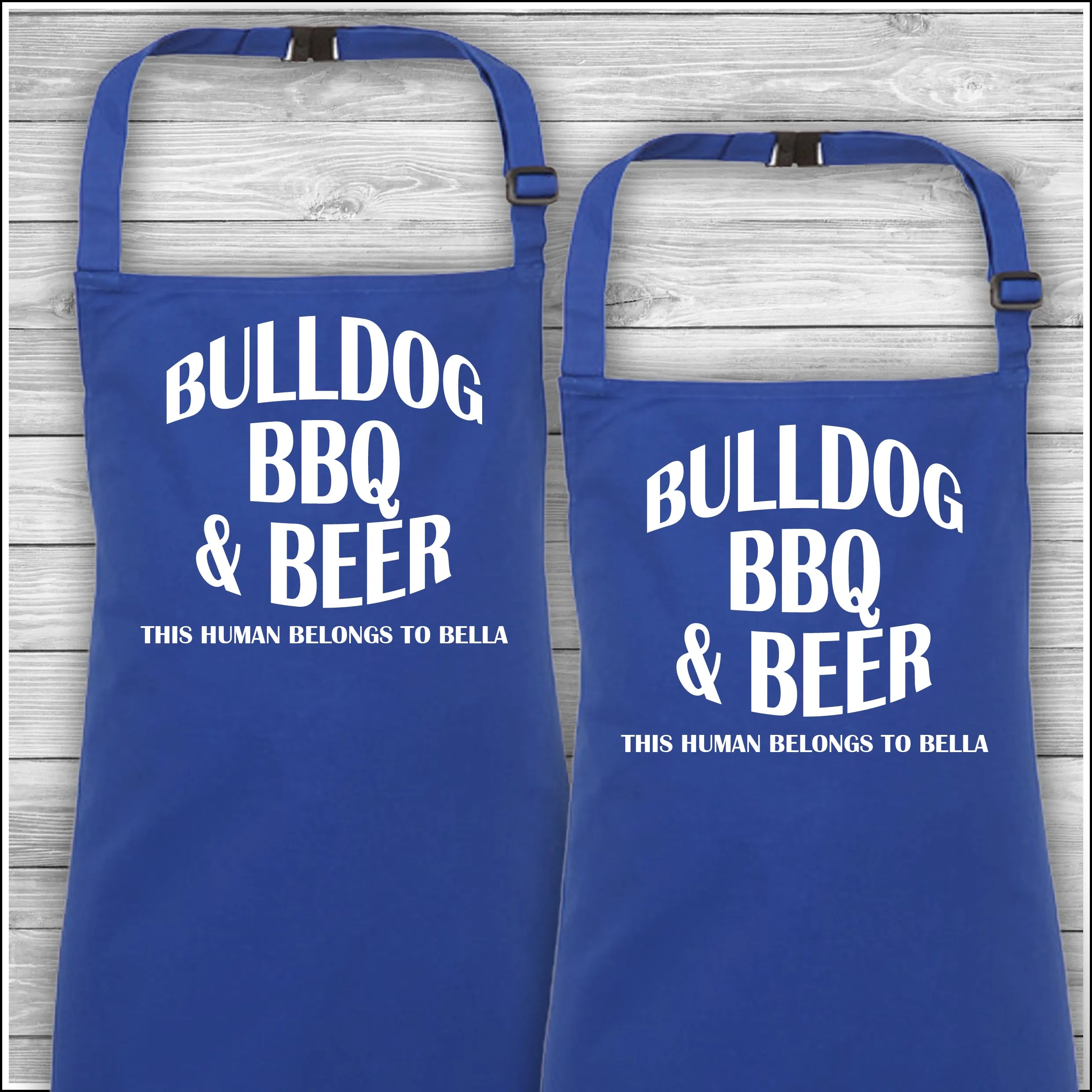 Personalised Cooking Aprons | Bulldog BBQ & Beer | This Human Belongs To Bella | Father's Day Gift | Matching Family Aprons