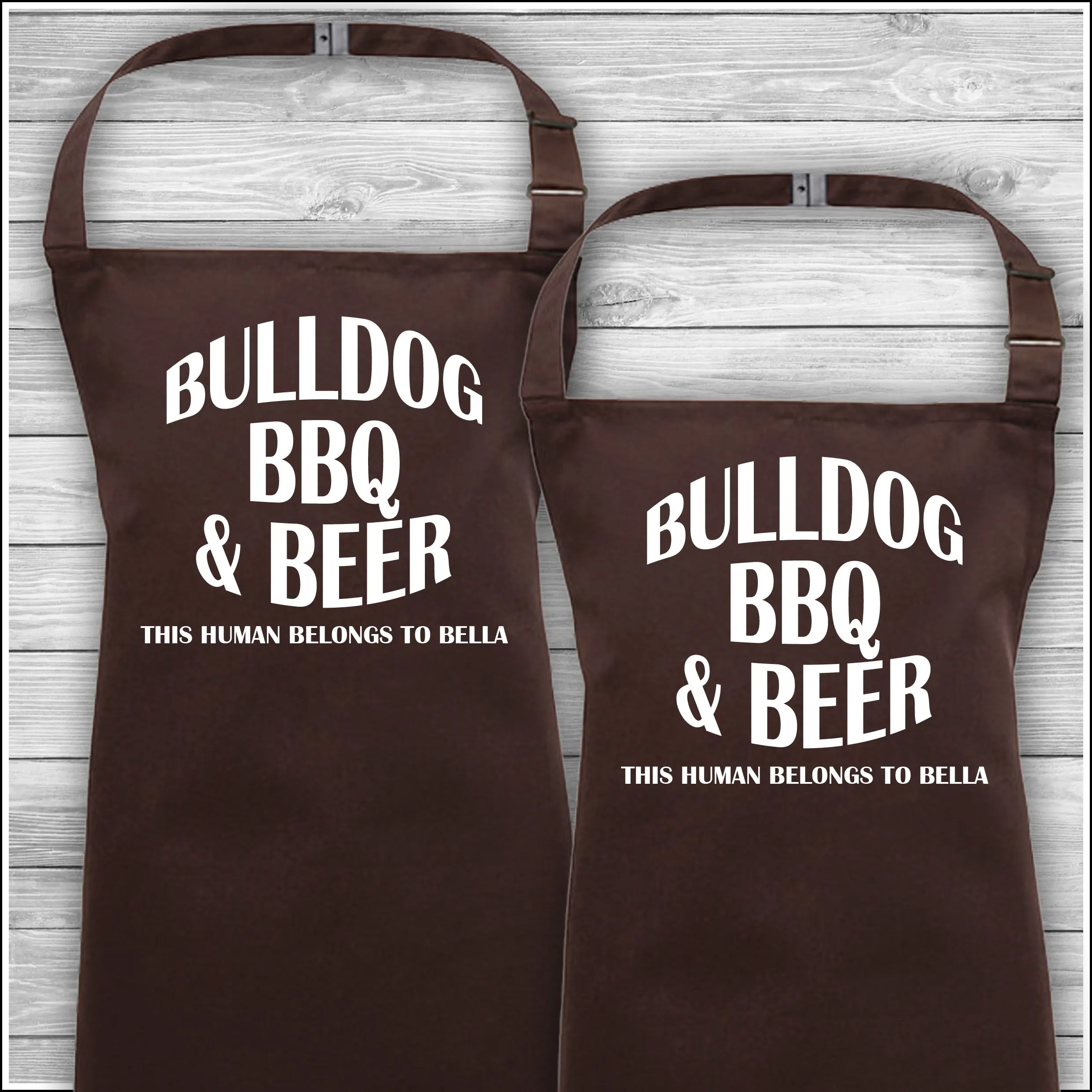 Personalised Cooking Aprons | Bulldog BBQ & Beer | This Human Belongs To Bella | Father's Day Gift | Matching Family Aprons