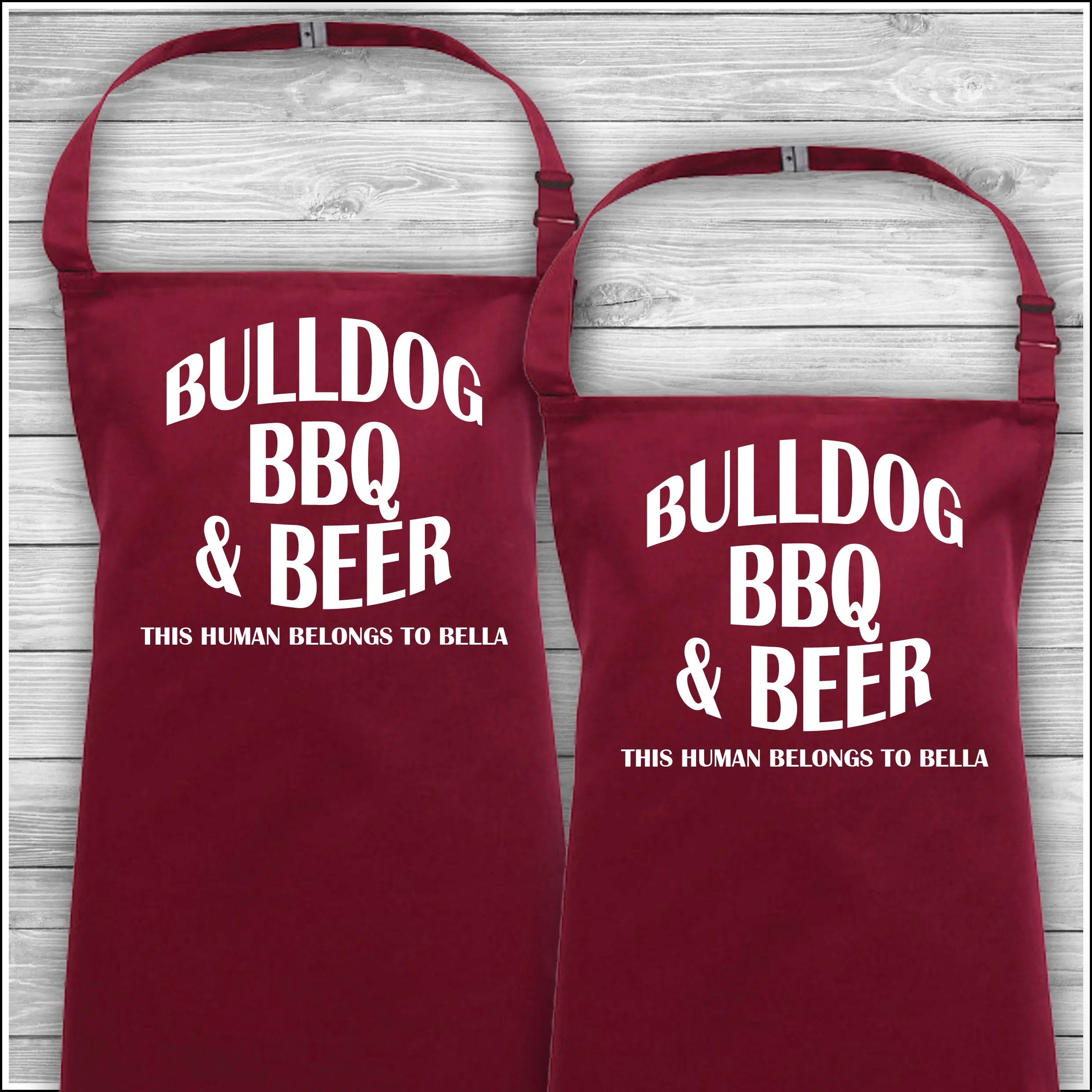 Personalised Cooking Aprons | Bulldog BBQ & Beer | This Human Belongs To Bella | Father's Day Gift | Matching Family Aprons