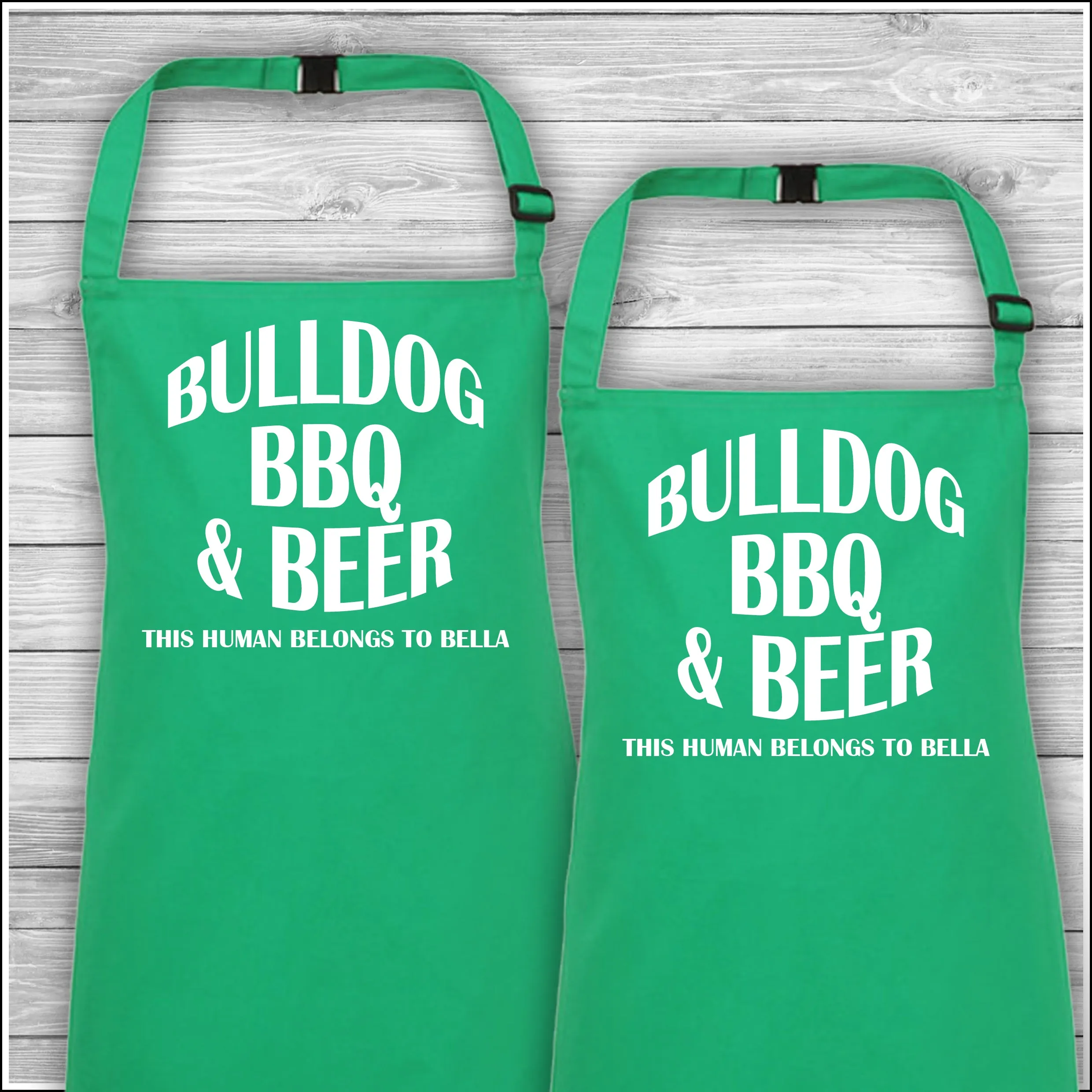 Personalised Cooking Aprons | Bulldog BBQ & Beer | This Human Belongs To Bella | Father's Day Gift | Matching Family Aprons