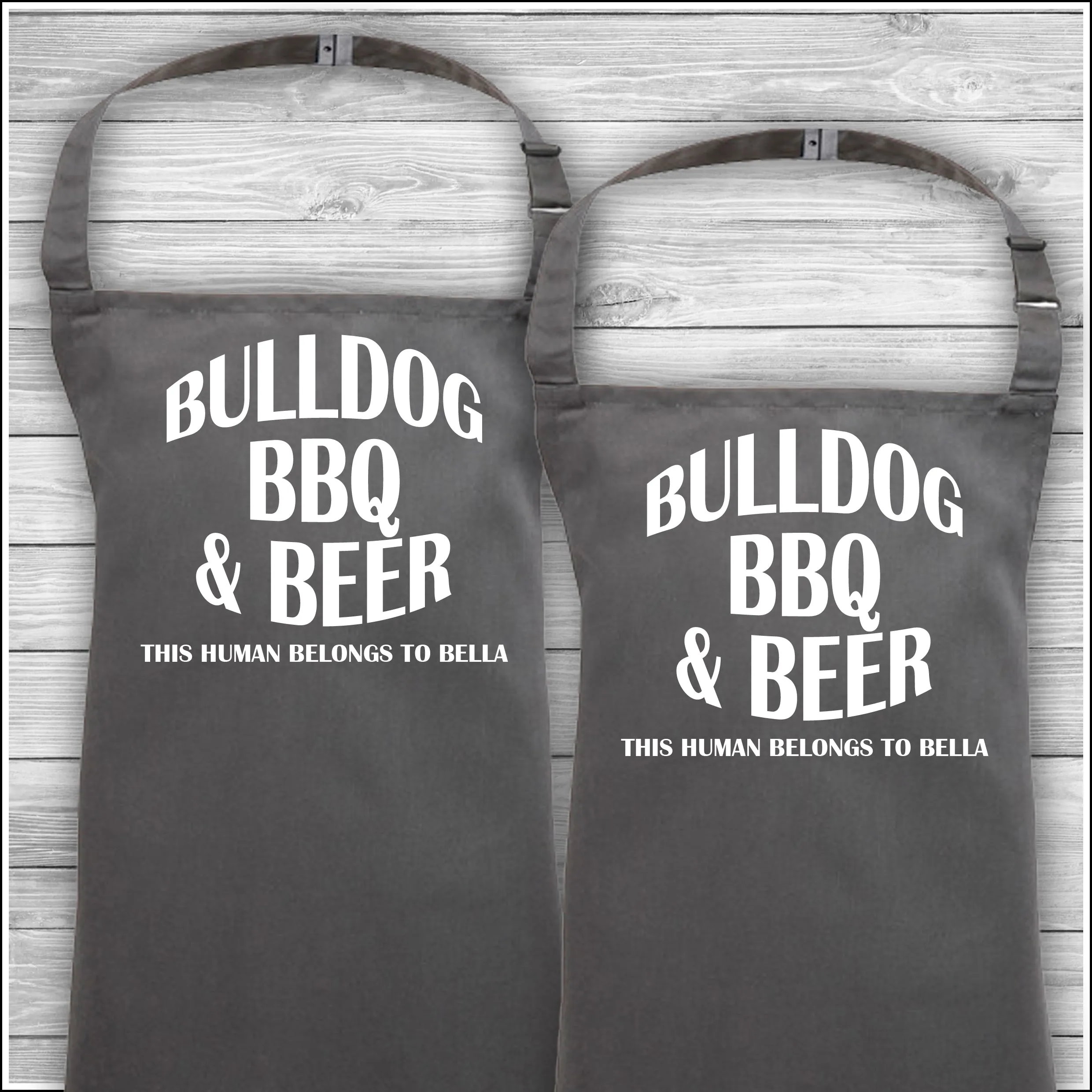 Personalised Cooking Aprons | Bulldog BBQ & Beer | This Human Belongs To Bella | Father's Day Gift | Matching Family Aprons