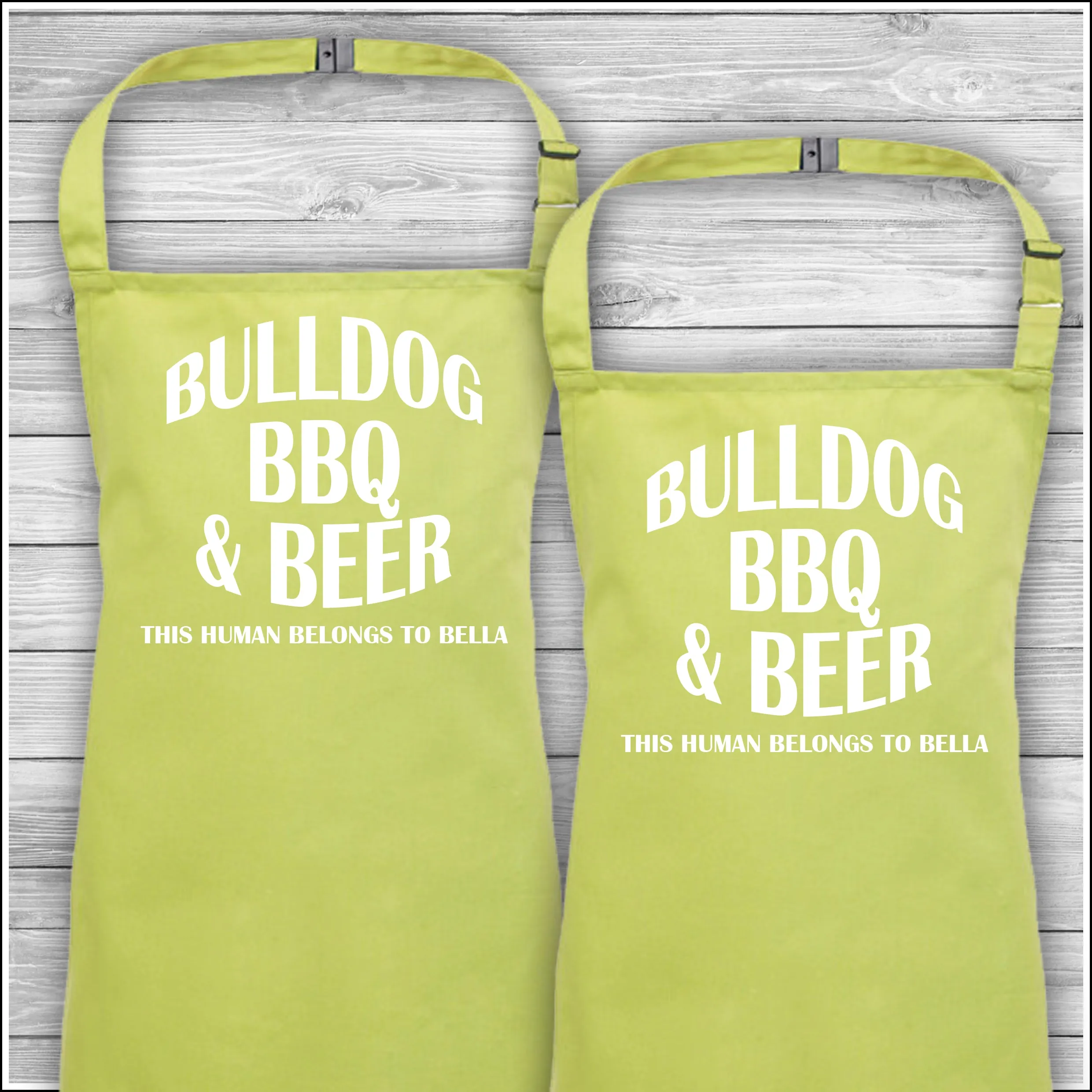 Personalised Cooking Aprons | Bulldog BBQ & Beer | This Human Belongs To Bella | Father's Day Gift | Matching Family Aprons