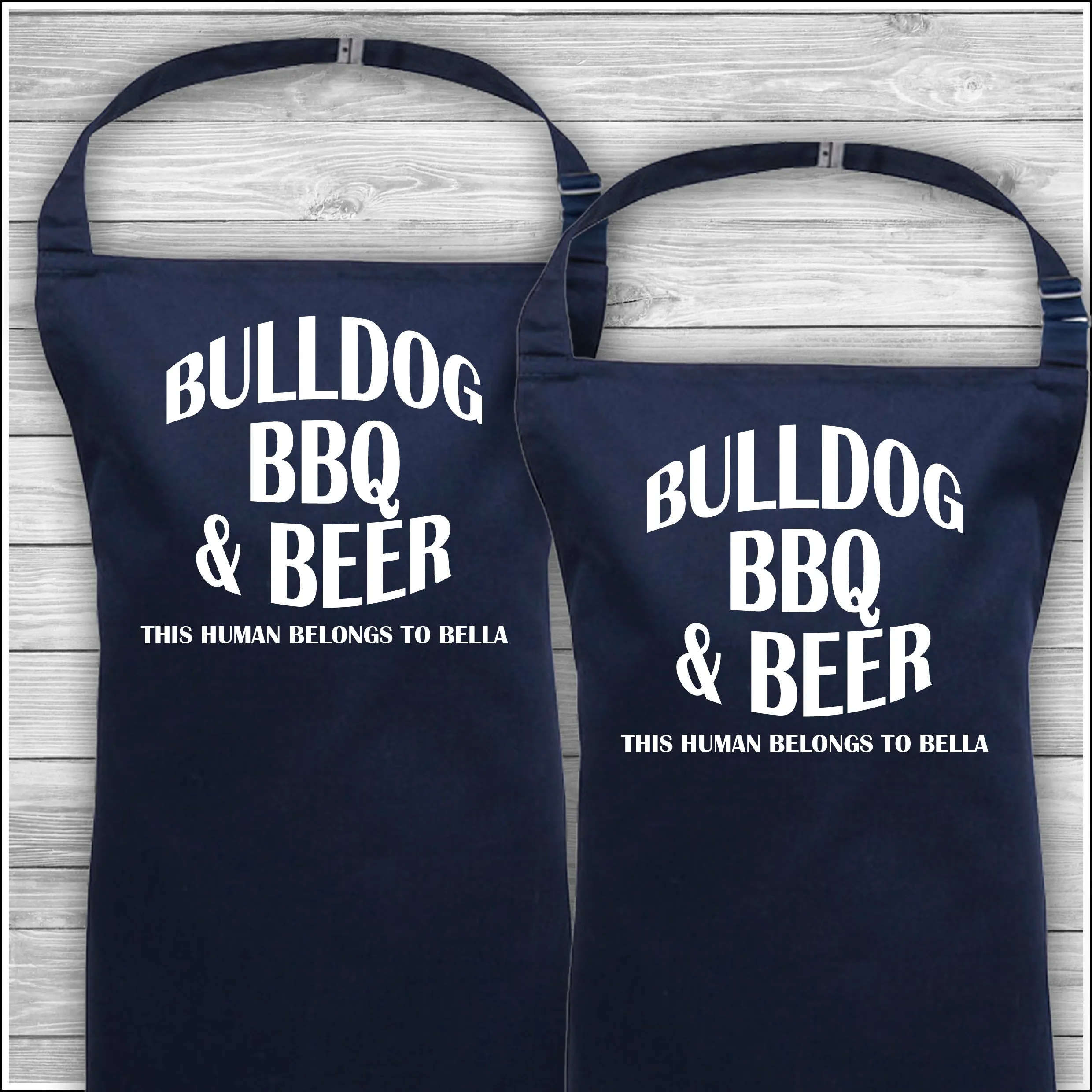 Personalised Cooking Aprons | Bulldog BBQ & Beer | This Human Belongs To Bella | Father's Day Gift | Matching Family Aprons