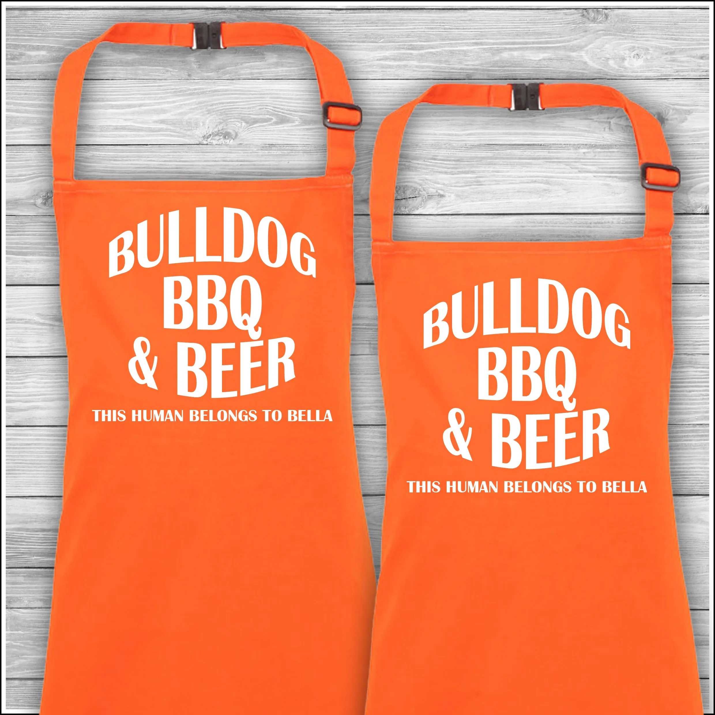 Personalised Cooking Aprons | Bulldog BBQ & Beer | This Human Belongs To Bella | Father's Day Gift | Matching Family Aprons