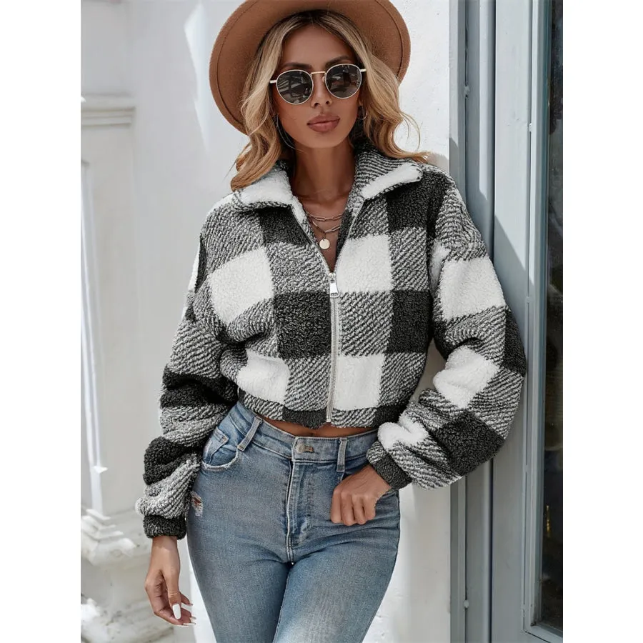 Plaid Zip Up Long Sleeve Outerwear