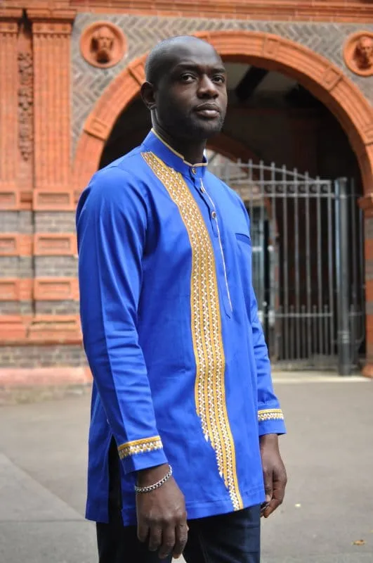 Sky Blue & Gold African Embroidery Shirt - African Clothing Store | JT Aphrique