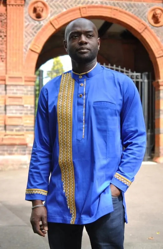 Sky Blue & Gold African Embroidery Shirt - African Clothing Store | JT Aphrique