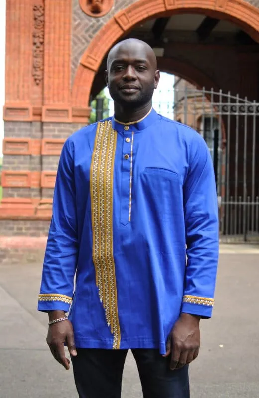 Sky Blue & Gold African Embroidery Shirt - African Clothing Store | JT Aphrique