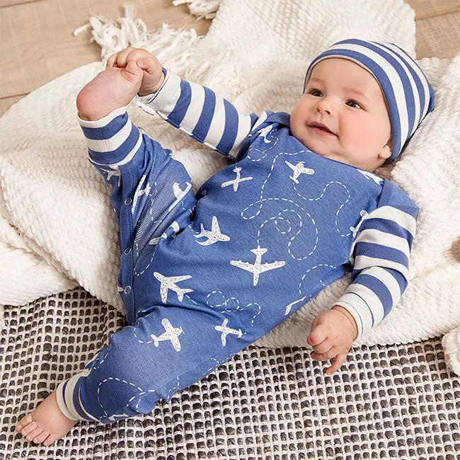 Tesa Babe Baby Airplanes Cotton Romper - Blue/Ivory