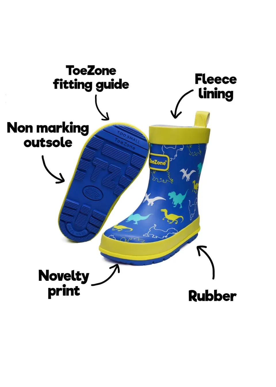 ToeZone Boys Blue Kace Dinosaur Print Wellies (Younger 6- Older 12)