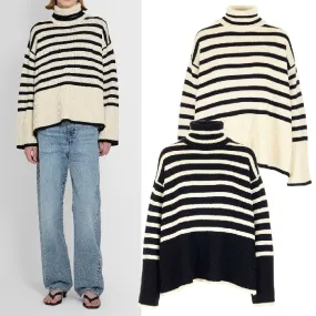 TOTEME  |Stripes Wool Long Sleeves Cotton V-neck & Crew neck